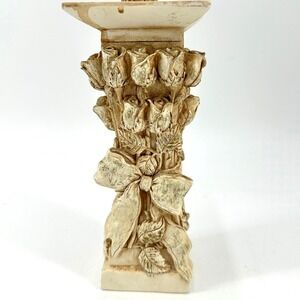 Vintage Italian Pillar Candle Holder Roses Bow Shabby Chic Cottagecore Decor